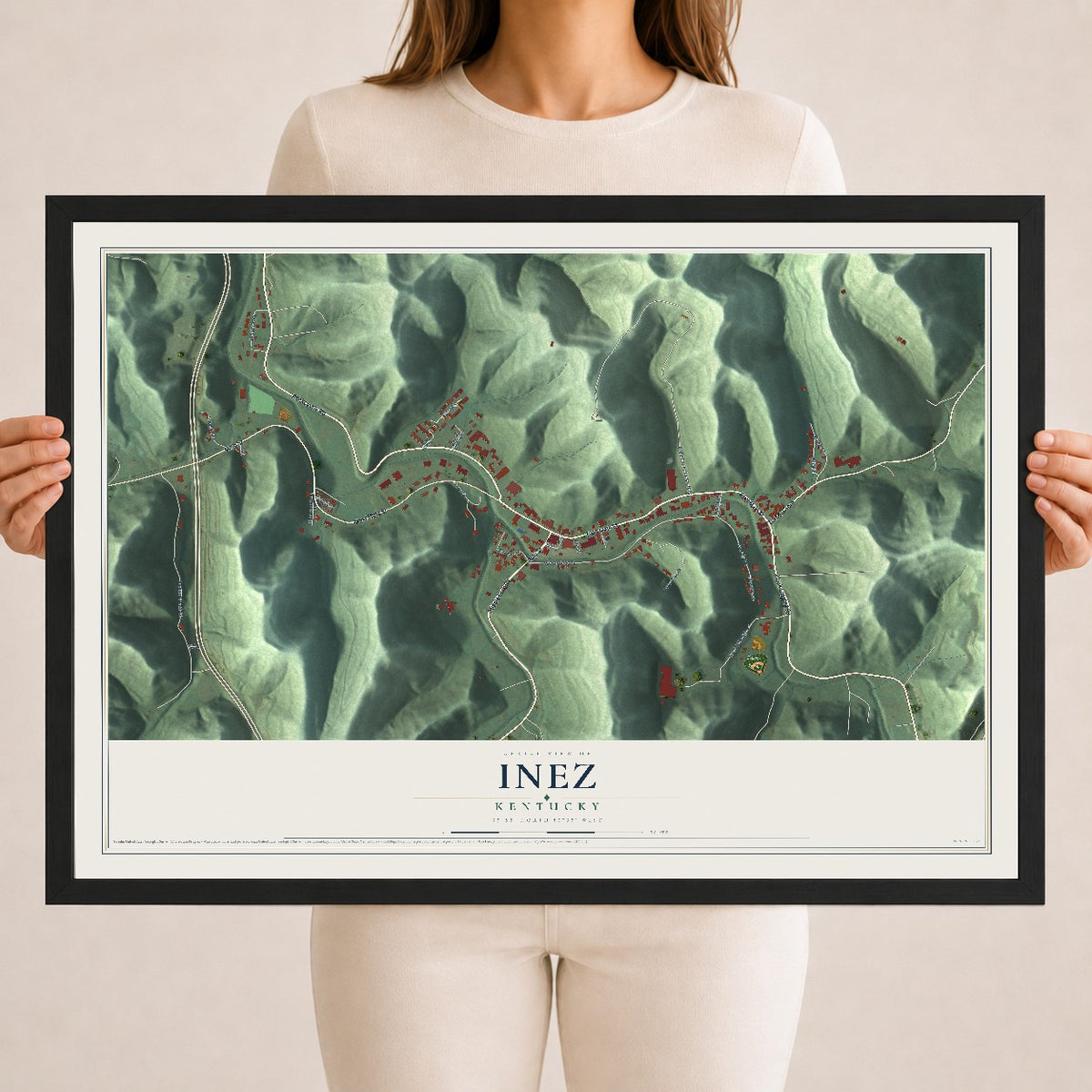 Map of Inez, Kentucky, 18 x 24 inch print in a black wood frame