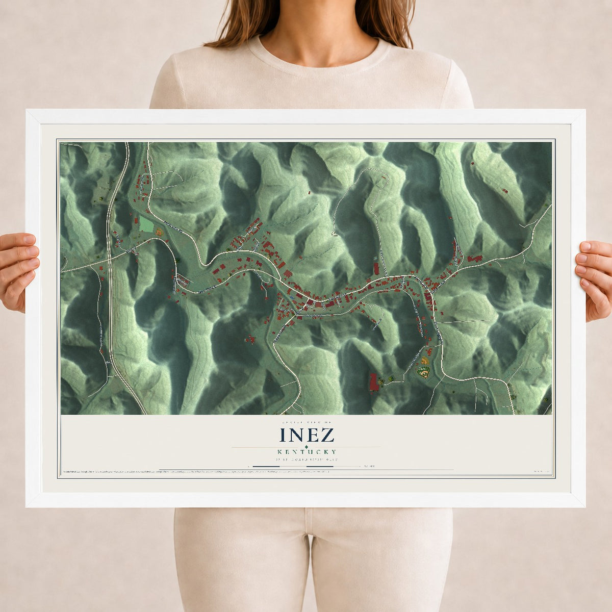 Map of Inez, Kentucky, 18 x 24 inch print in a white wood frame