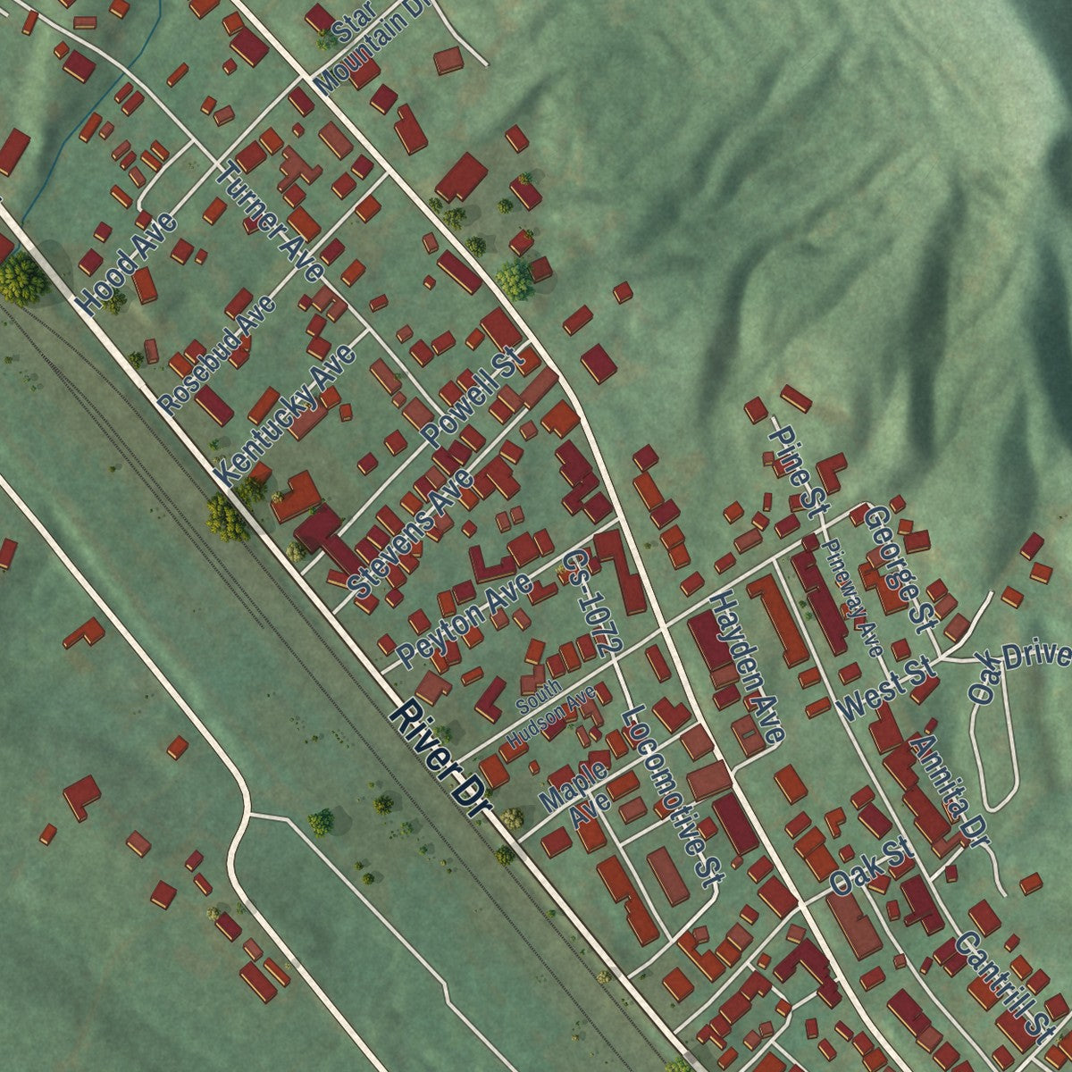 Close-up of the map of Irvine, Kentucky print showing street and building detail