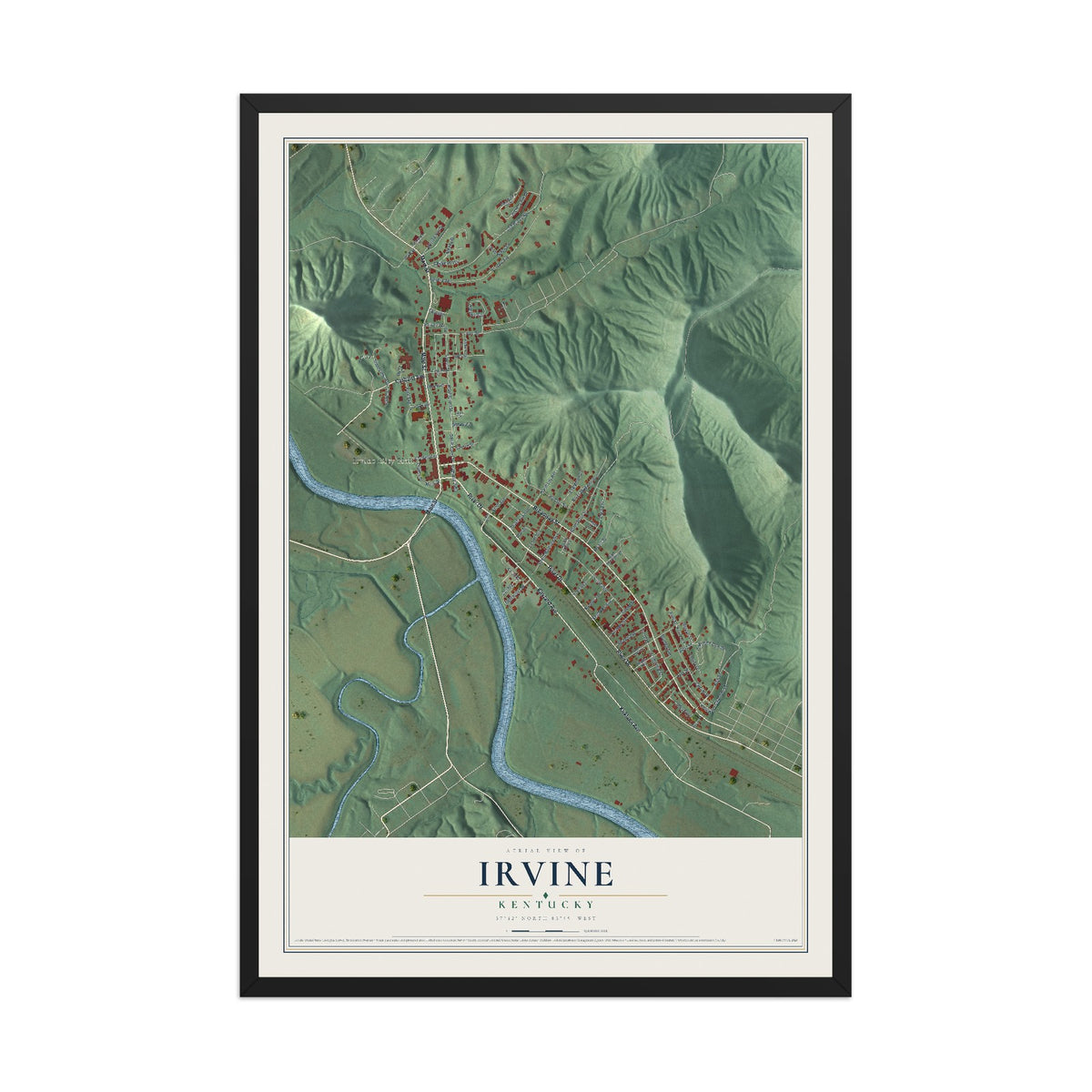 Map of Irvine, Kentucky, 12 x 18 inch print in a black wood frame