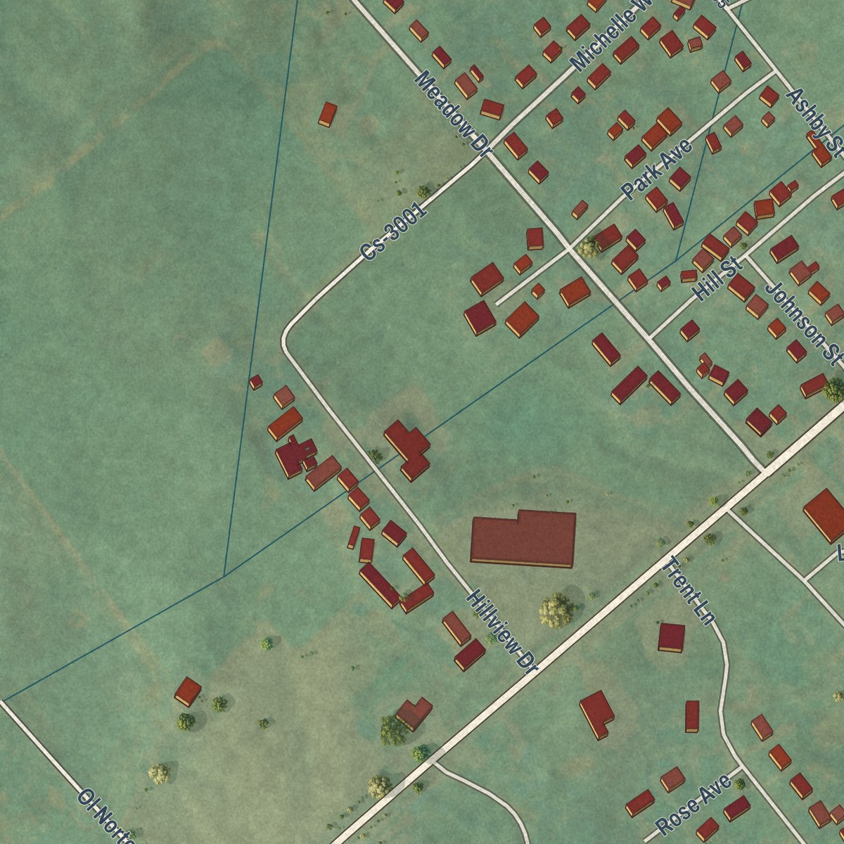 Second close-up of the map of Irvington, Kentucky print showing more streets and buildings