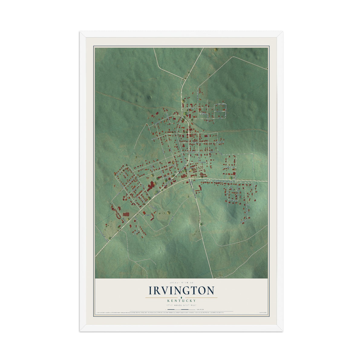 Map of Irvington, Kentucky, 12 x 18 inch print in a white wood frame