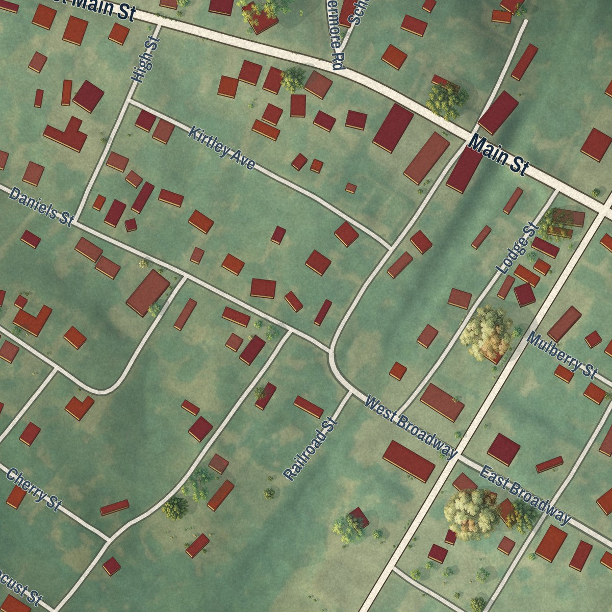 Close-up of the map of Island, Kentucky print showing street and building detail