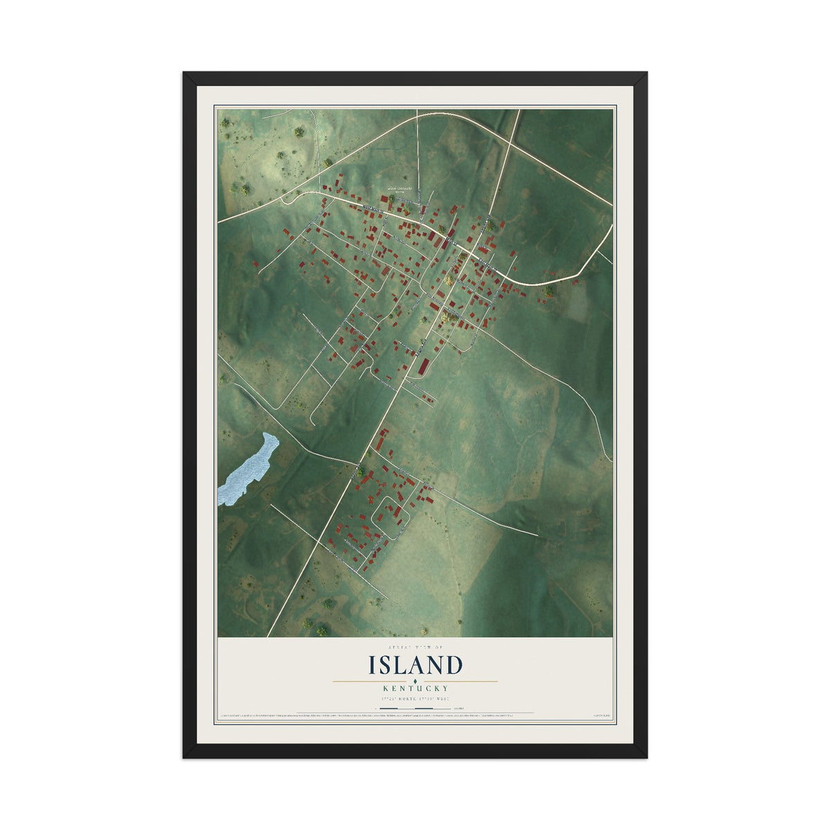 Map of Island, Kentucky, 12 x 18 inch print in a black wood frame