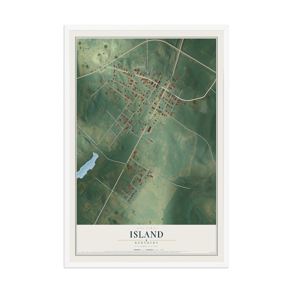 Map of Island, Kentucky, 12 x 18 inch print in a white wood frame