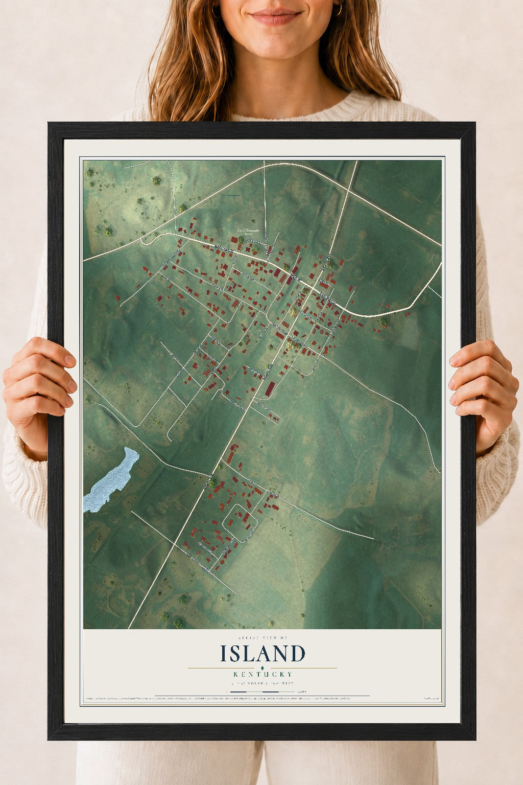 Map of Island, Kentucky, 18 x 24 inch print in a black wood frame