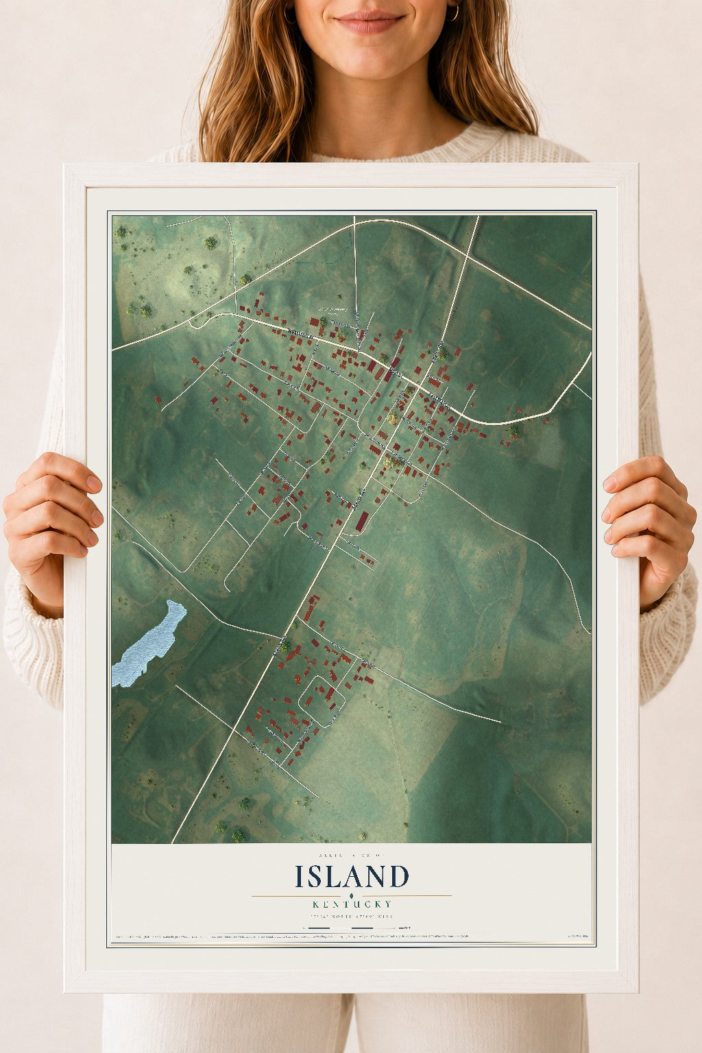Map of Island, Kentucky, 18 x 24 inch print in a white wood frame