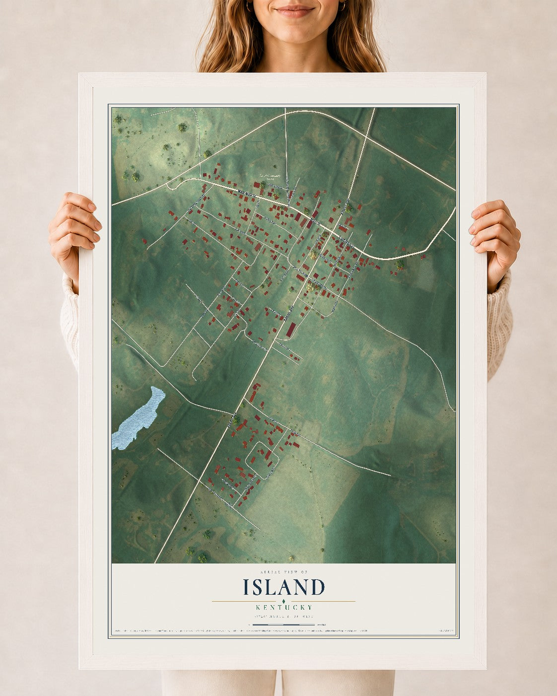 Map of Island, Kentucky, 24 x 36 inch print in a white wood frame