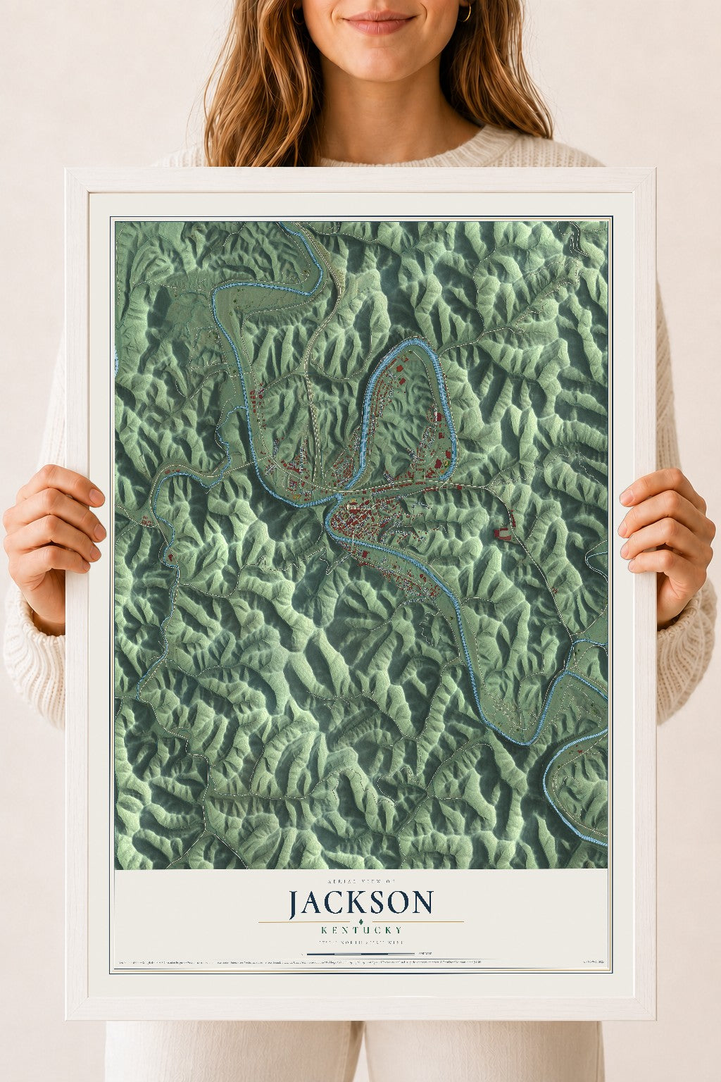 Map of Jackson, Kentucky, 18 x 24 inch print in a white wood frame