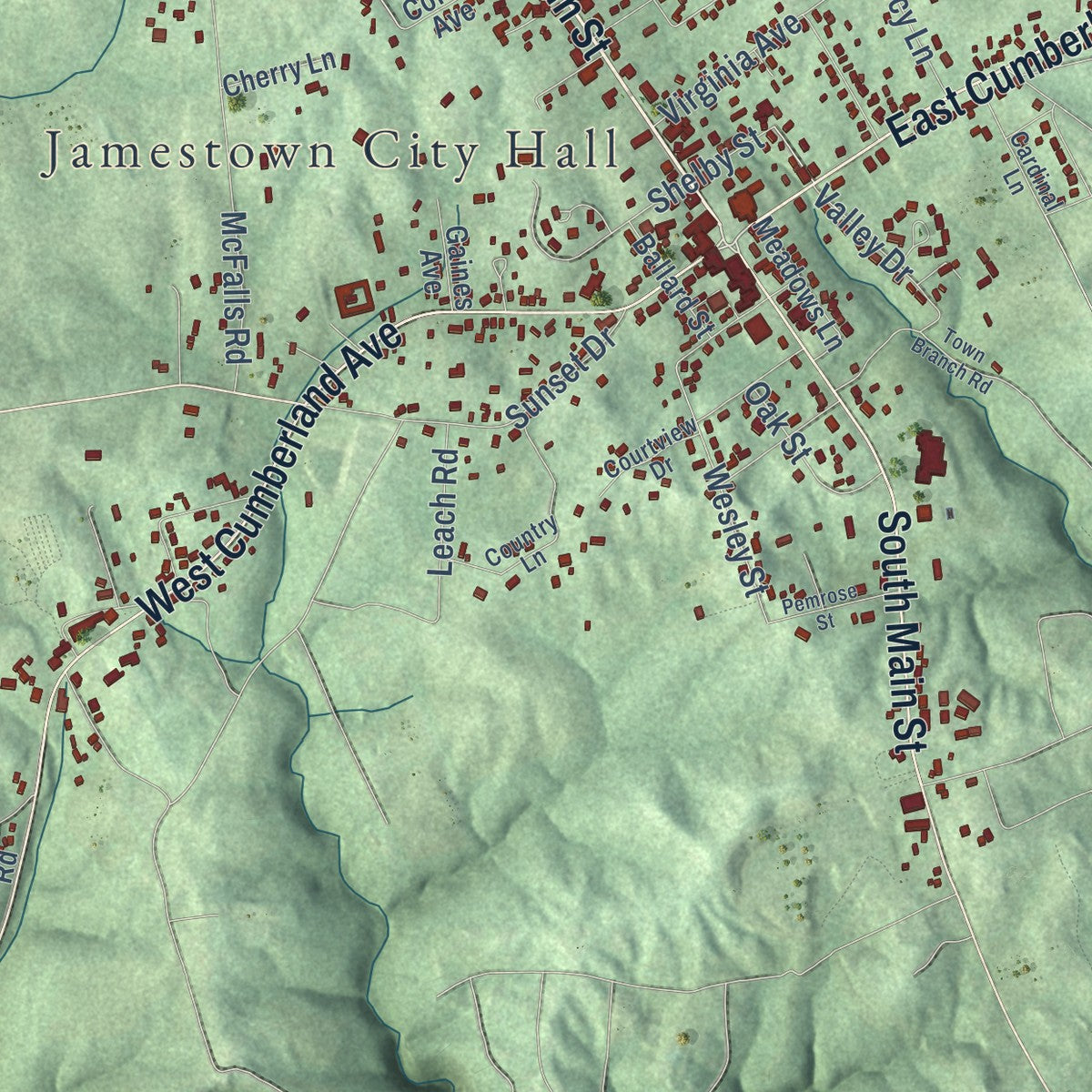 Close-up of the map of Jamestown, Kentucky print showing street and building detail