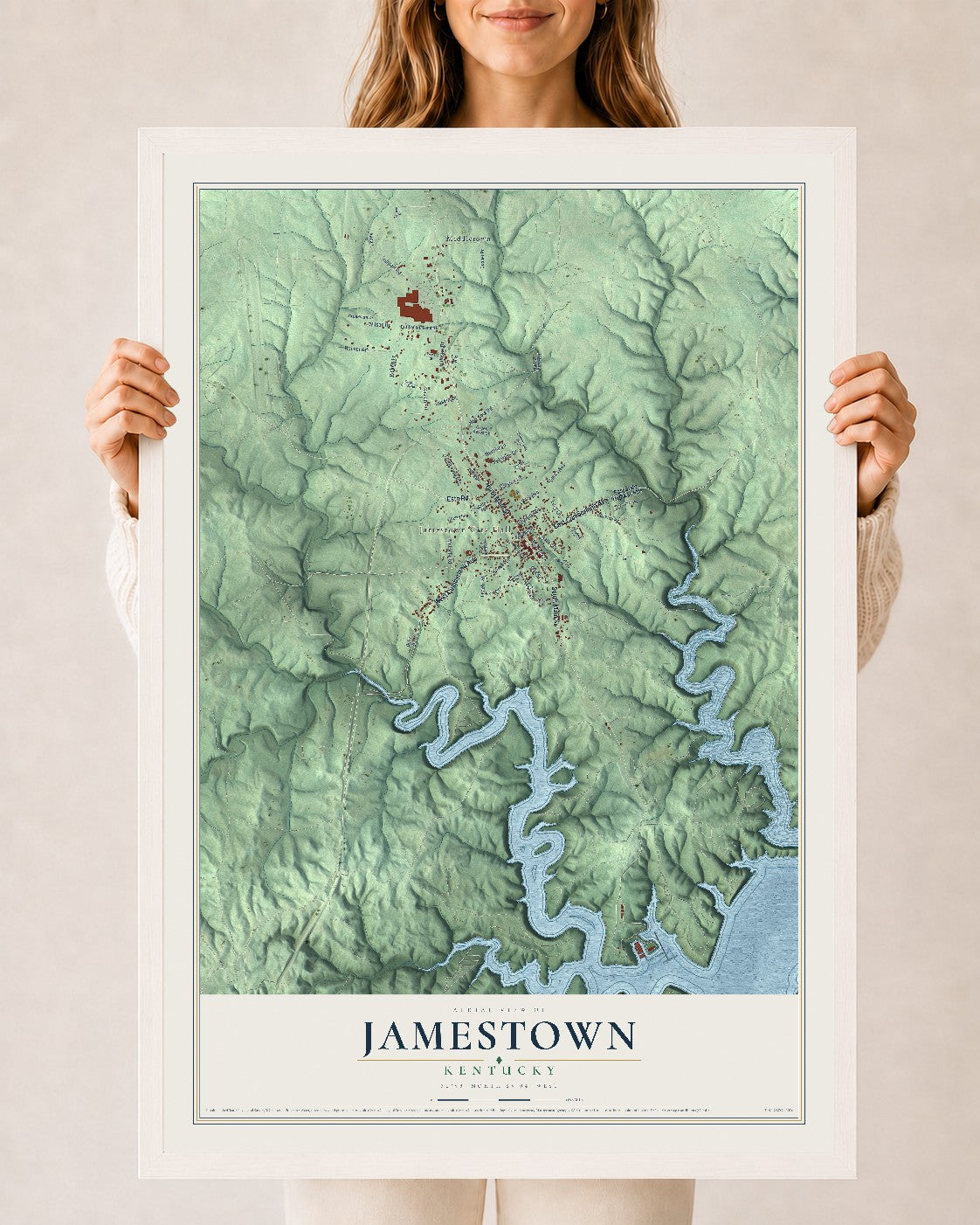 Map of Jamestown, Kentucky, 24 x 36 inch print in a white wood frame