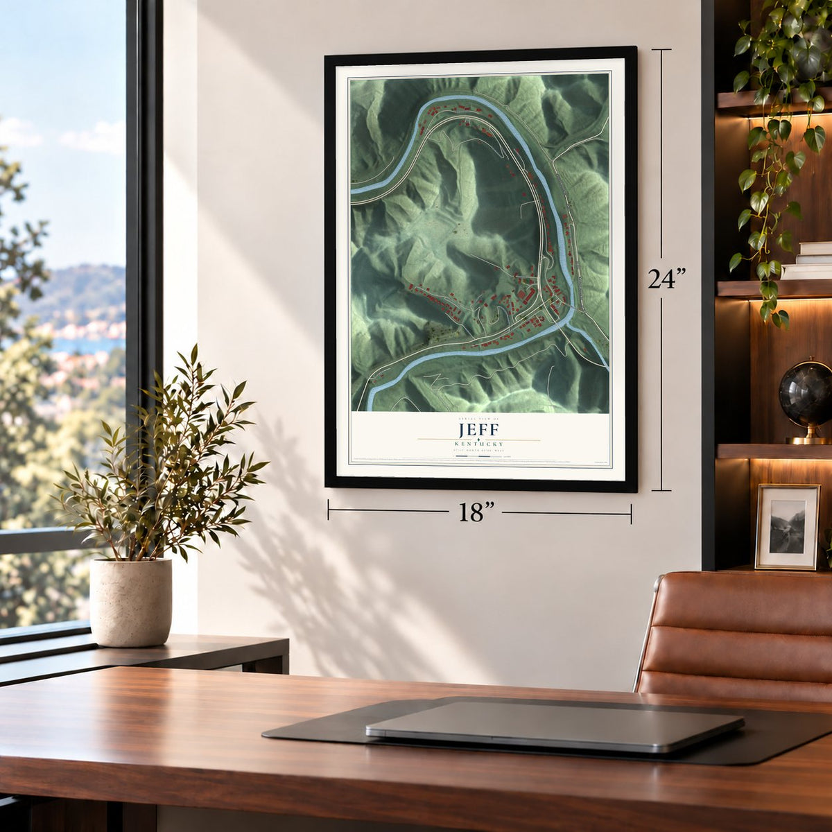 Jeff, Kentucky map, 18 x 24 inch print in a black frame in a home office