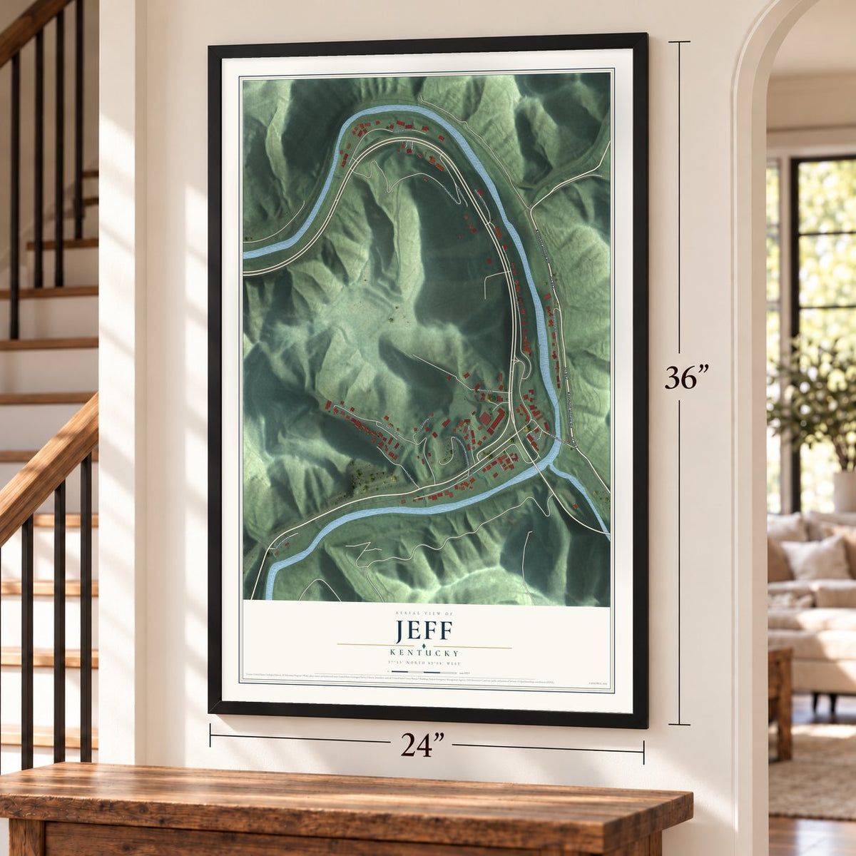 Jeff, Kentucky map, 24 x 36 inch print in a black frame by a staircase