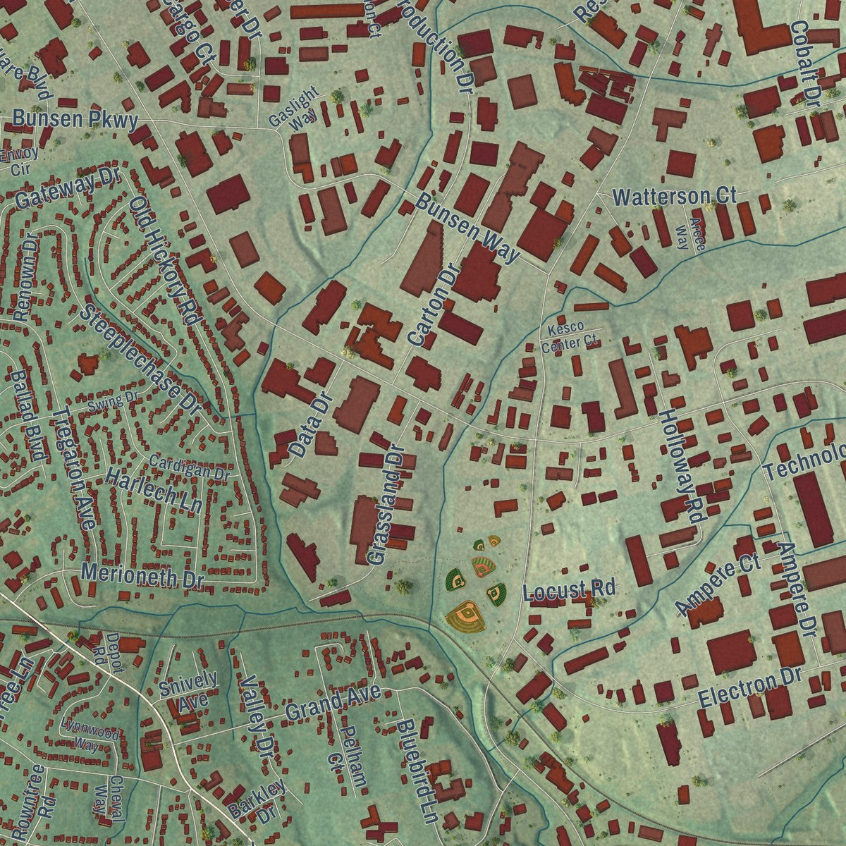 Close-up of the map of Jeffersontown, Kentucky print showing street and building detail