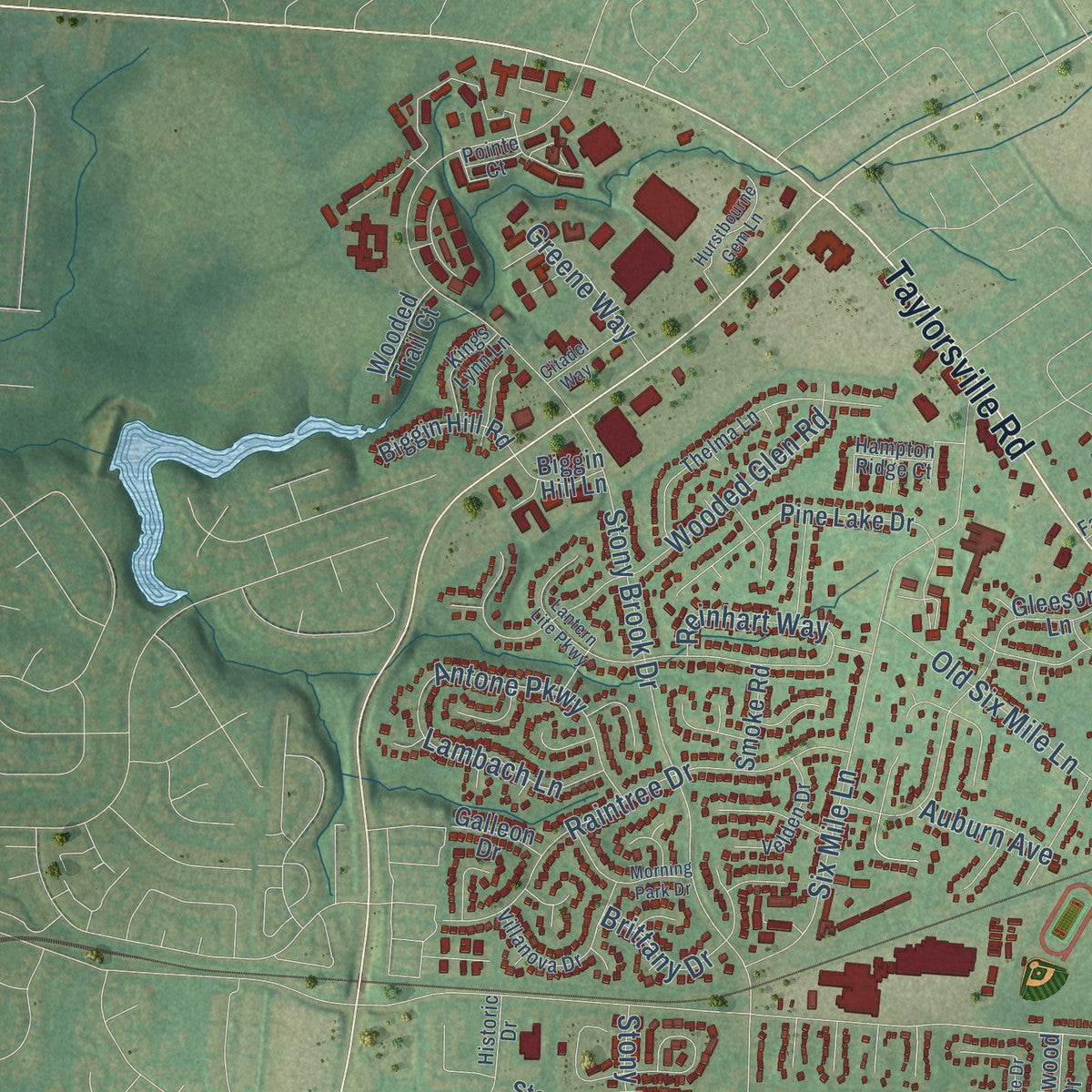 Second close-up of the map of Jeffersontown, Kentucky print showing more streets and buildings