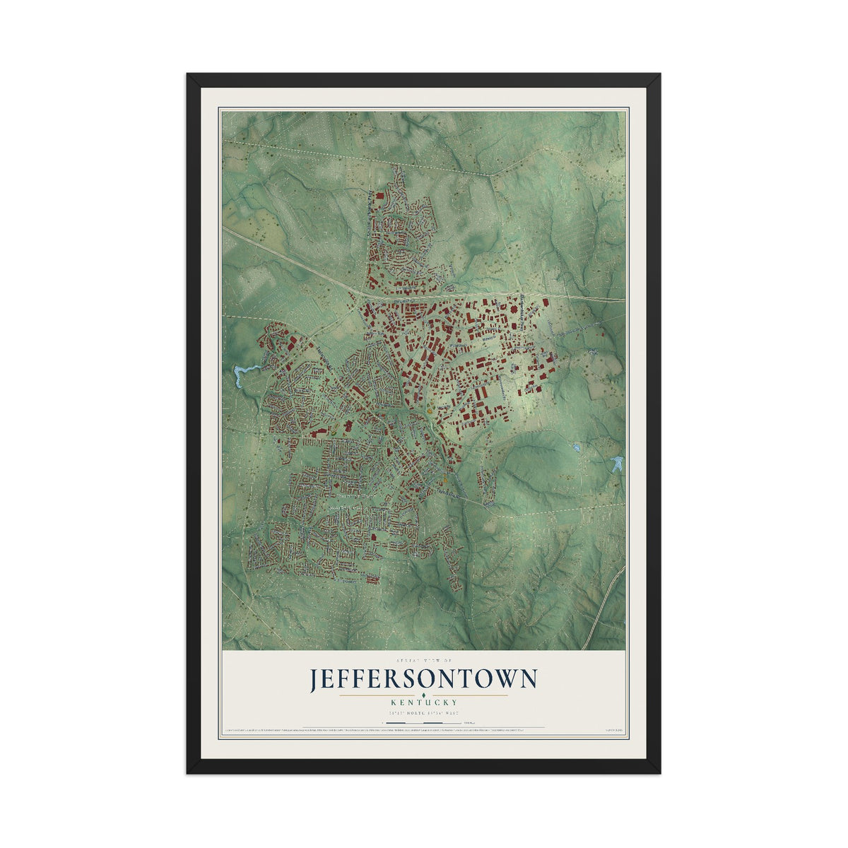 Map of Jeffersontown, Kentucky, 12 x 18 inch print in a black wood frame