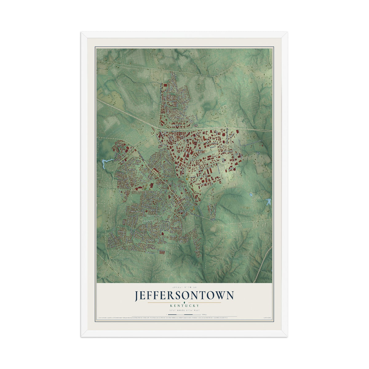 Map of Jeffersontown, Kentucky, 12 x 18 inch print in a white wood frame
