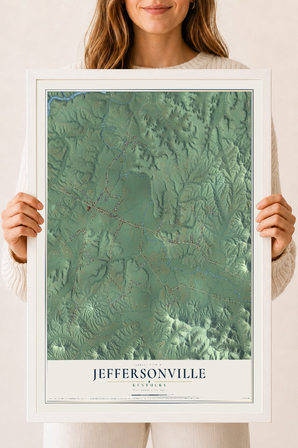 Map of Jeffersonville, Kentucky, 18 x 24 inch print in a white wood frame