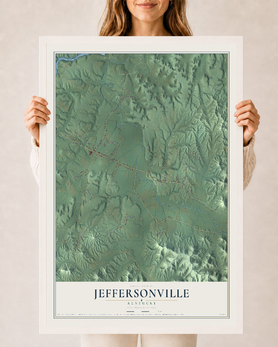 Map of Jeffersonville, Kentucky, 24 x 36 inch print in a white wood frame