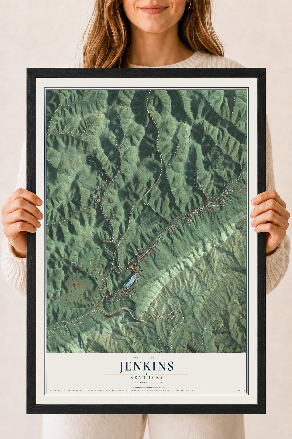 Map of Jenkins, Kentucky, 18 x 24 inch print in a black wood frame