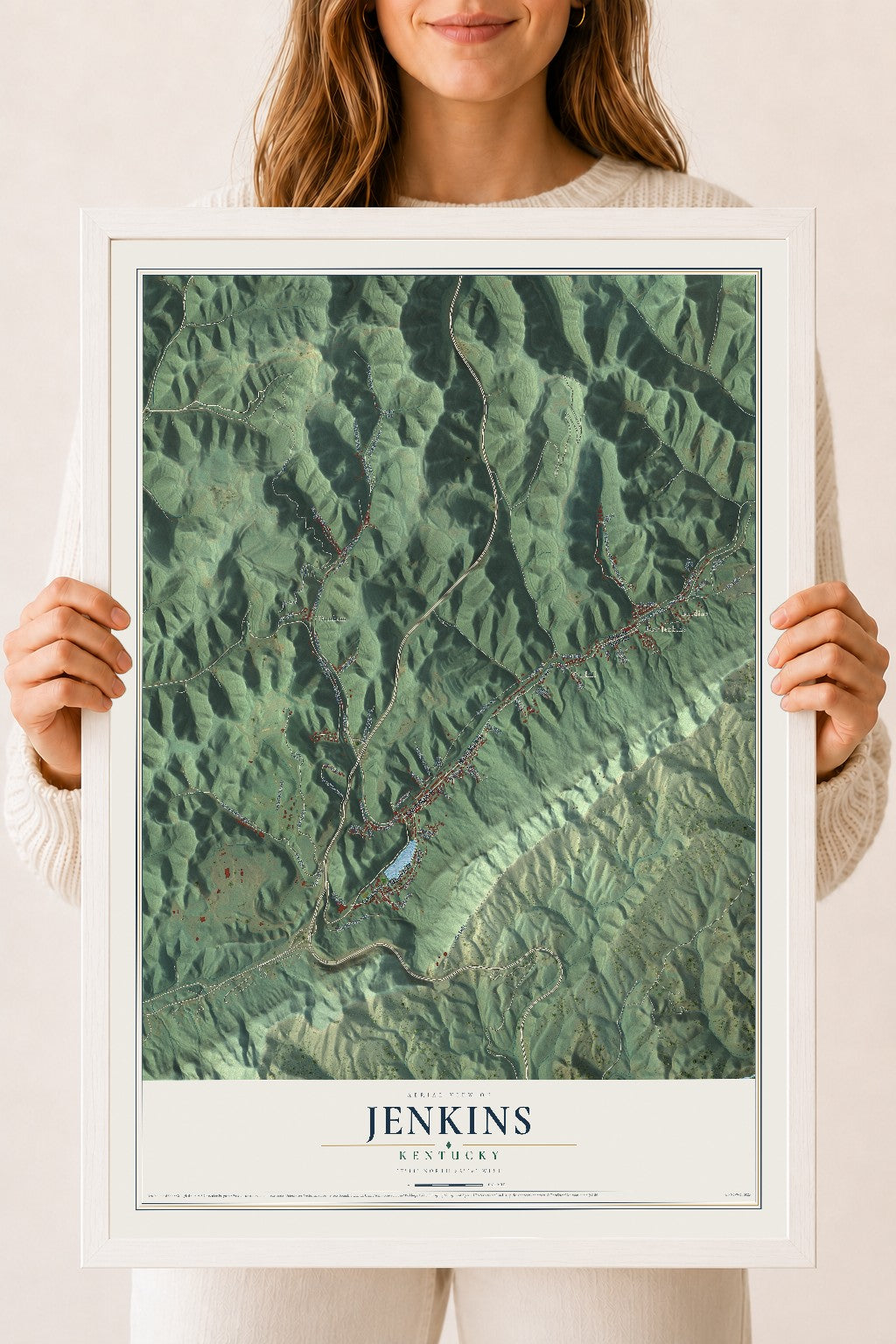 Map of Jenkins, Kentucky, 18 x 24 inch print in a white wood frame
