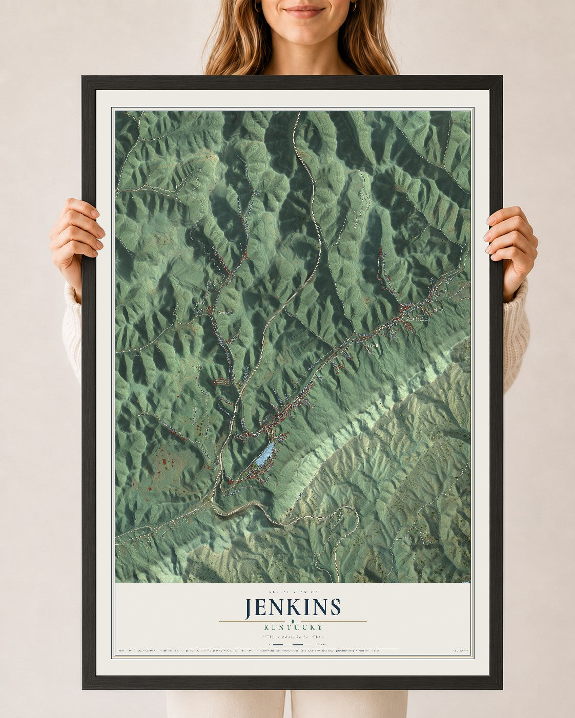 Map of Jenkins, Kentucky, 24 x 36 inch print in a black wood frame