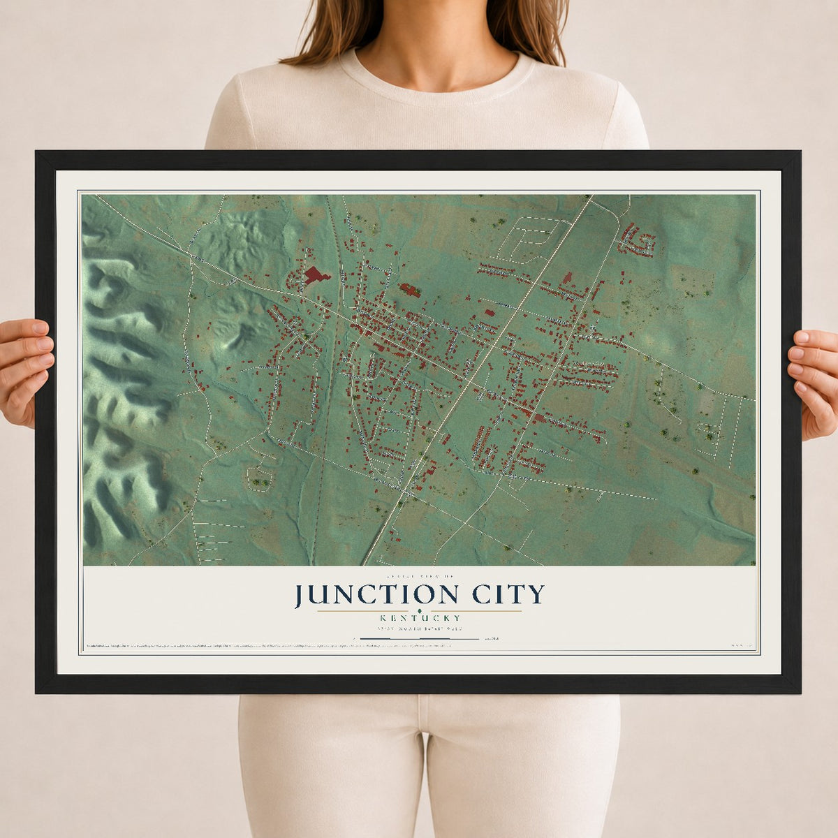 Map of Junction City, Kentucky, 18 x 24 inch print in a black wood frame