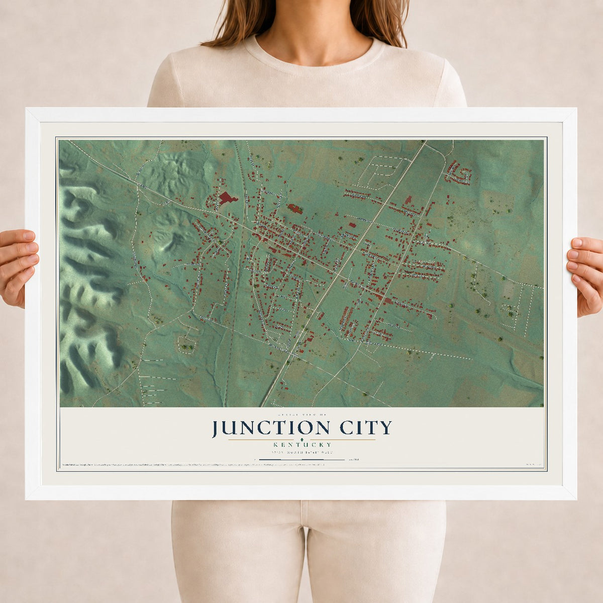 Map of Junction City, Kentucky, 18 x 24 inch print in a white wood frame