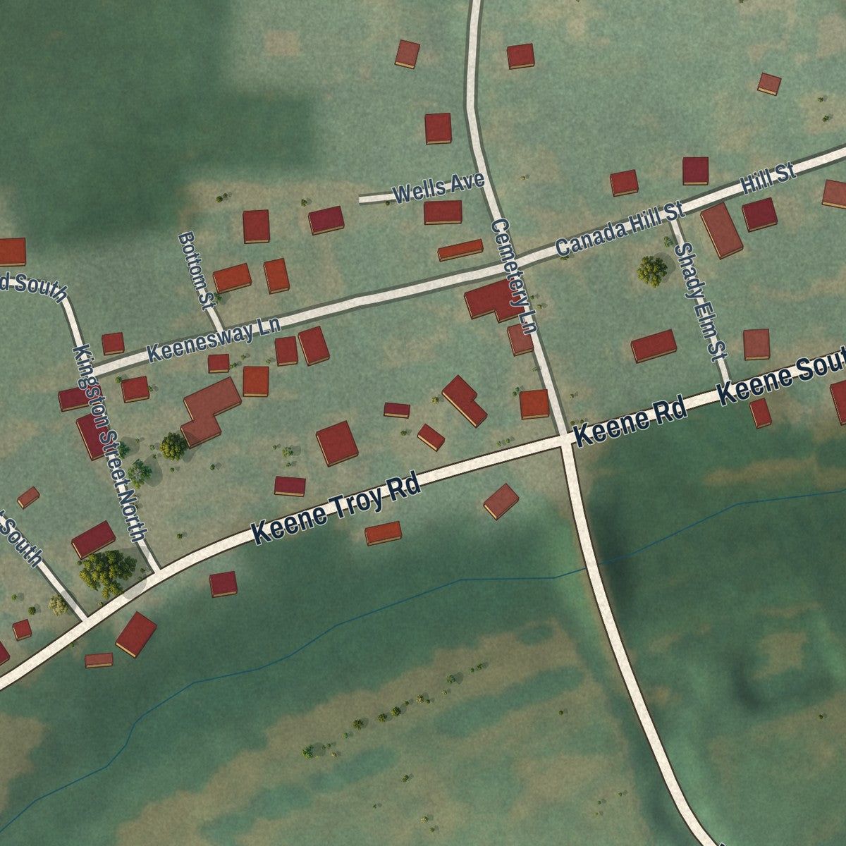 Close-up of the map of Keene, Kentucky print showing street and building detail