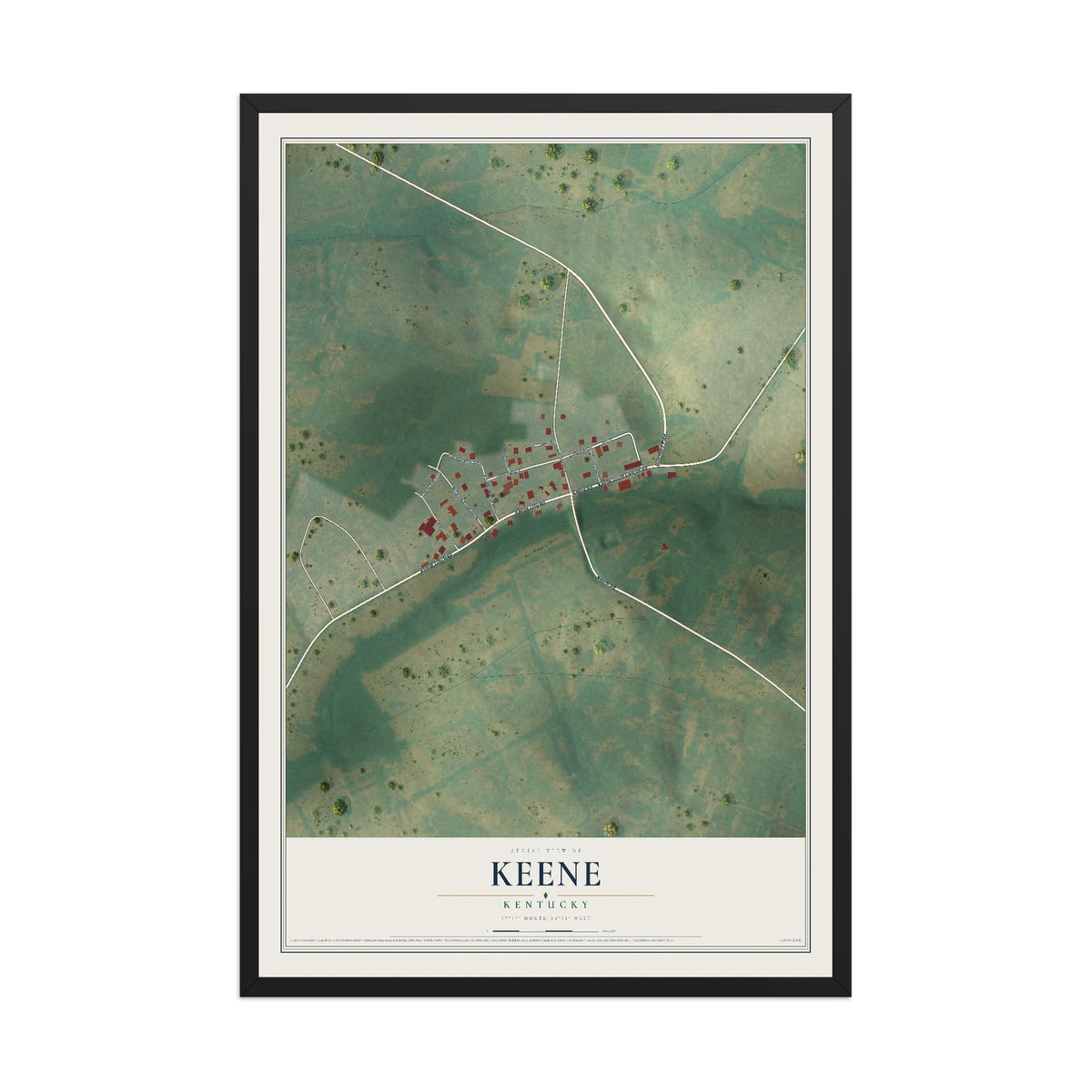 Map of Keene, Kentucky, 12 x 18 inch print in a black wood frame
