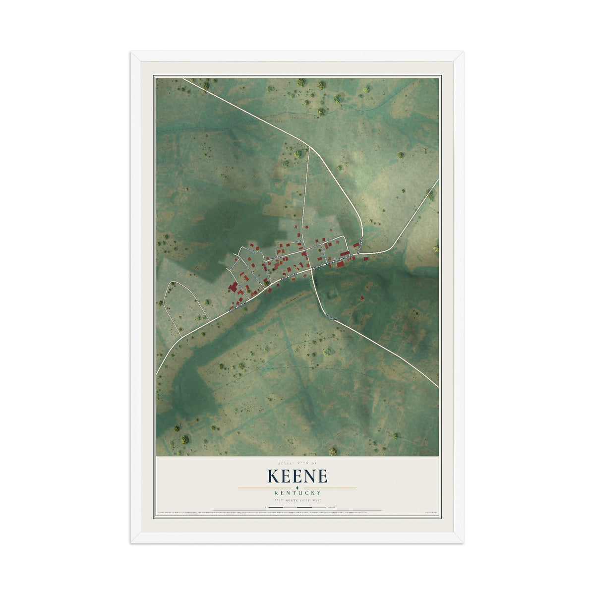 Map of Keene, Kentucky, 12 x 18 inch print in a white wood frame