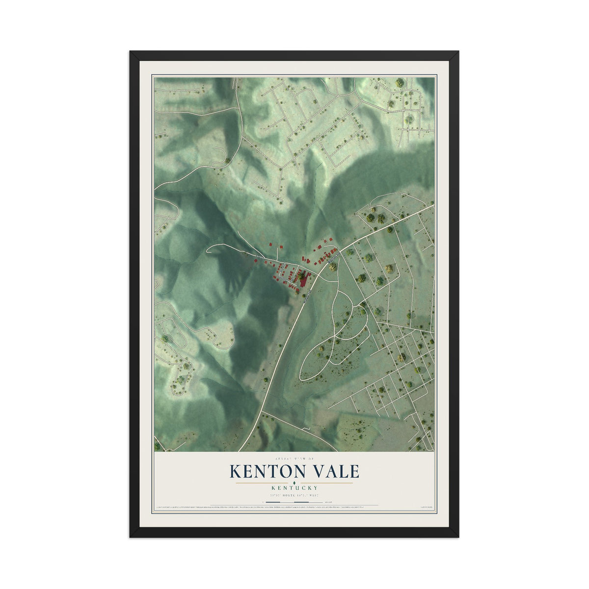 Map of Kenton Vale, Kentucky, 12 x 18 inch print in a black wood frame