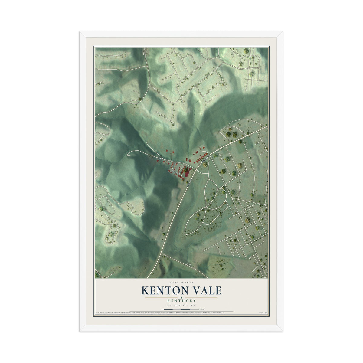 Map of Kenton Vale, Kentucky, 12 x 18 inch print in a white wood frame
