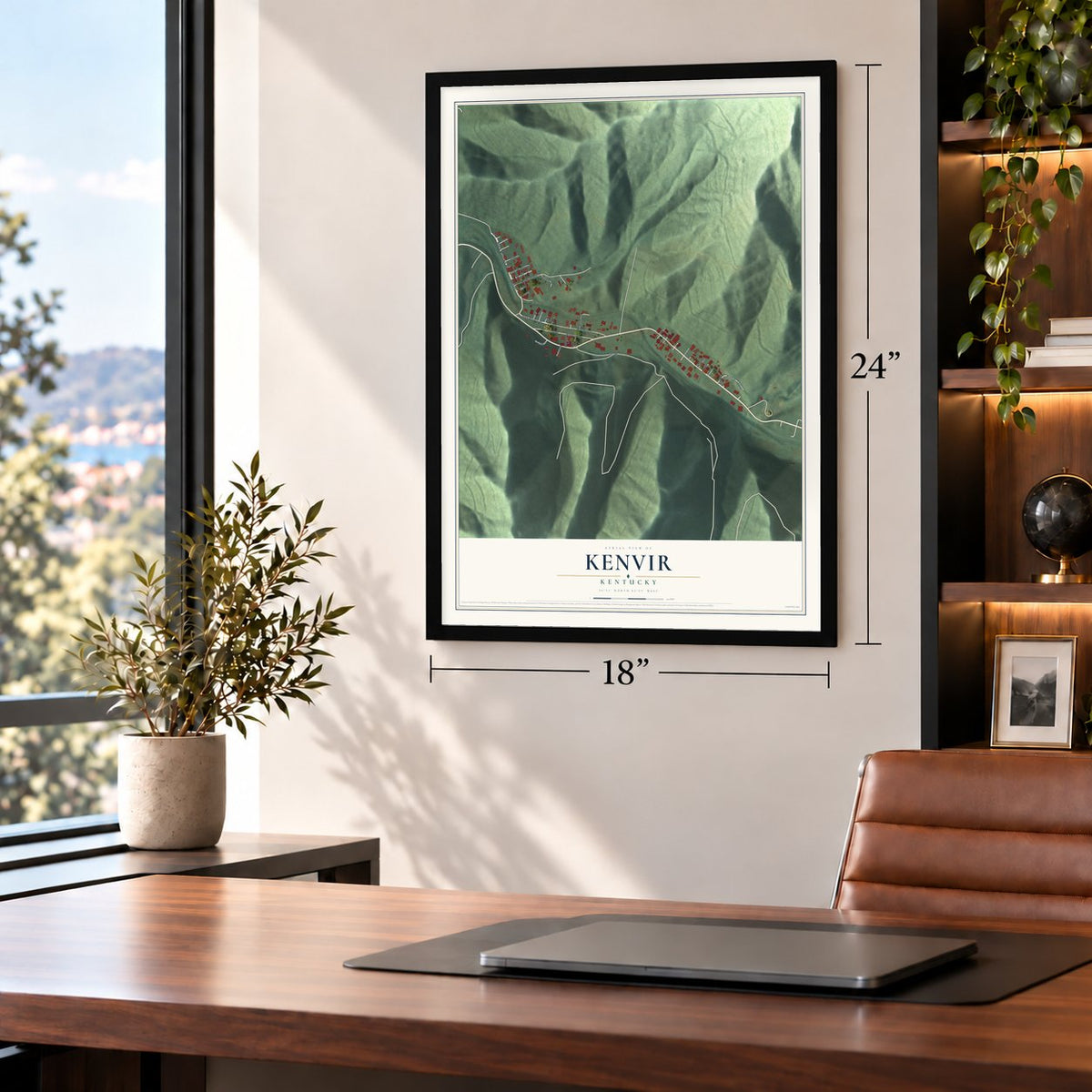 Kenvir, Kentucky map, 18 x 24 inch print in a black frame in a home office