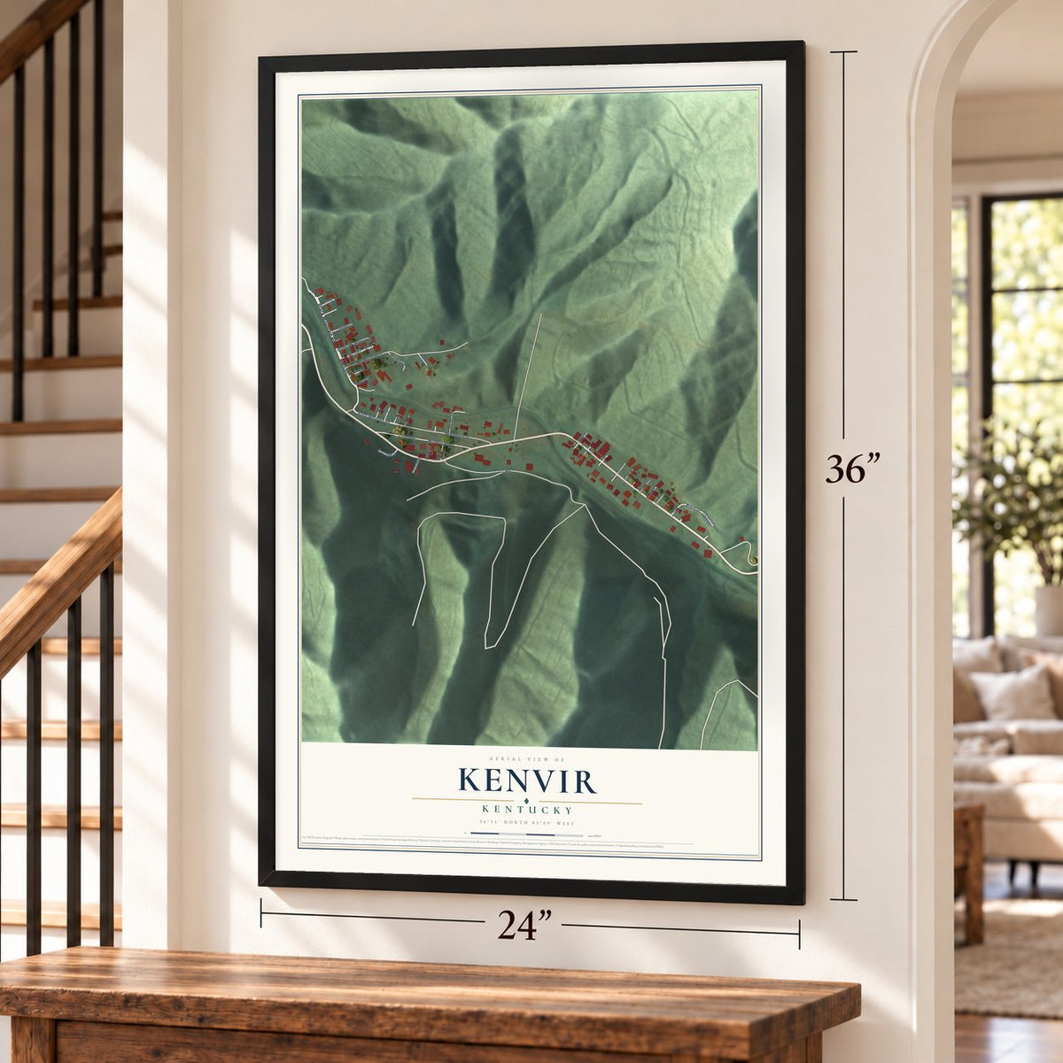 Kenvir, Kentucky map, 24 x 36 inch print in a black frame by a staircase