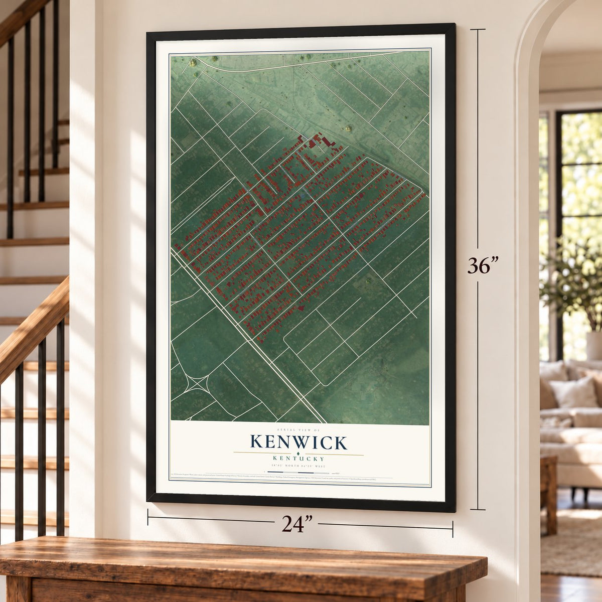Kenwick, Kentucky map, 24 x 36 inch print in a black frame by a staircase