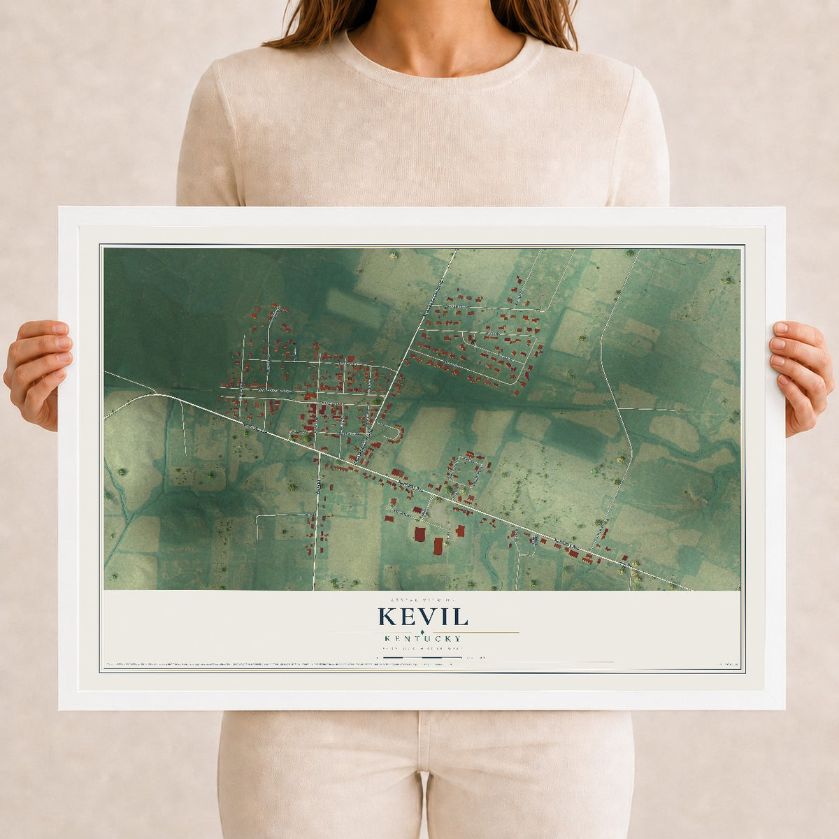 Map of Kevil, Kentucky, 12 x 18 inch print in a white wood frame
