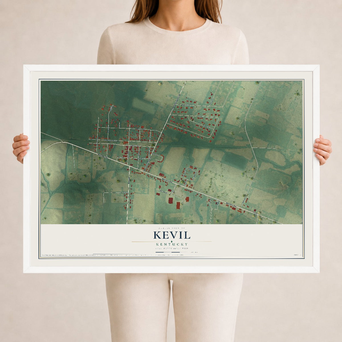 Map of Kevil, Kentucky, 24 x 36 inch print in a white wood frame