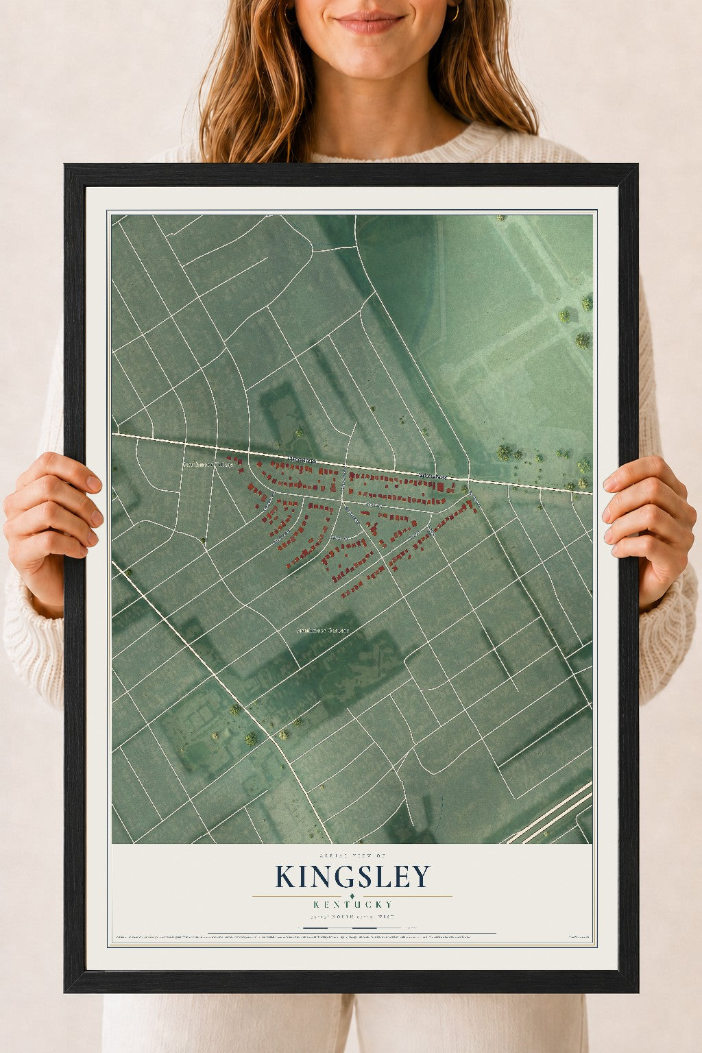 Map of Kingsley, Kentucky, 18 x 24 inch print in a black wood frame