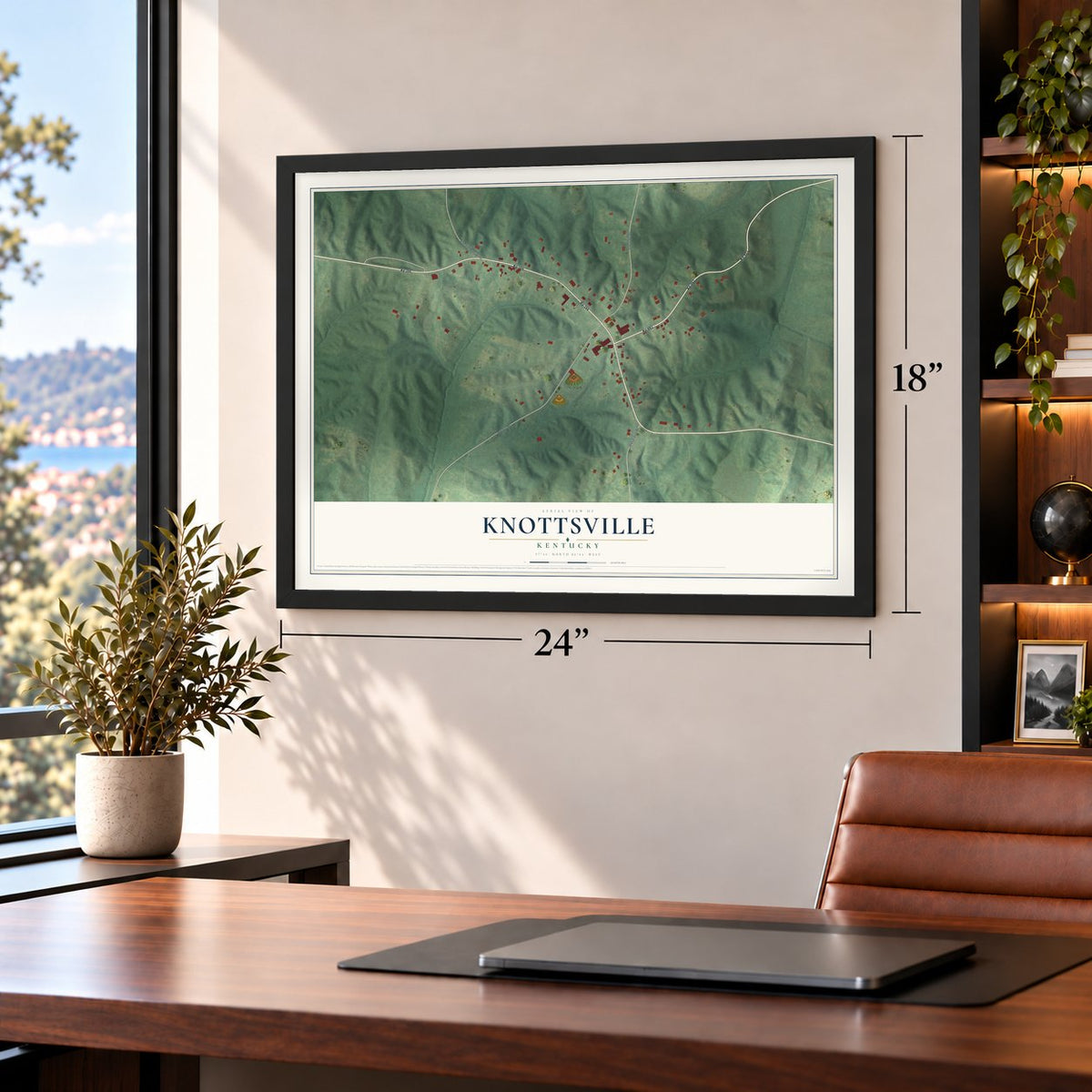 Knottsville, Kentucky map, 18 x 24 inch print in a black frame in a home office