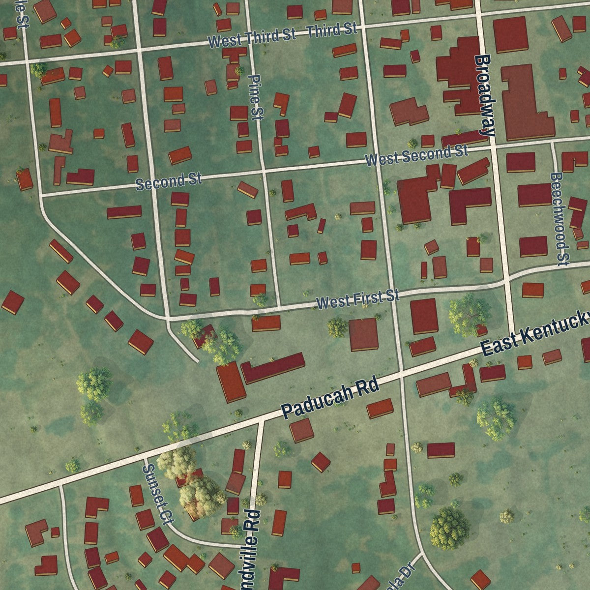 Close-up of the map of La Center, Kentucky print showing street and building detail