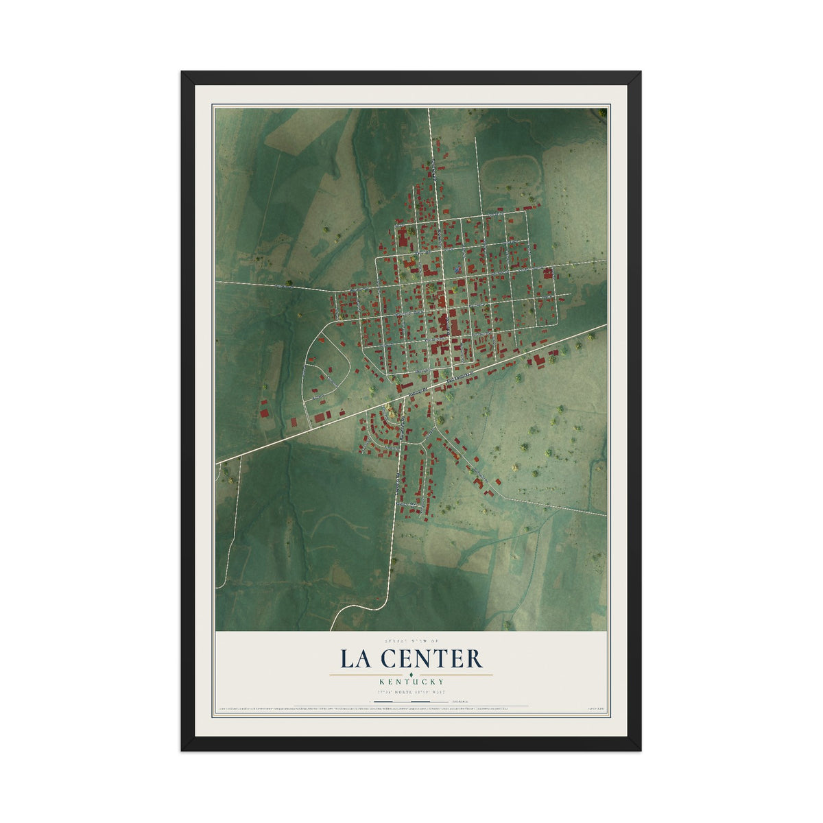 Map of La Center, Kentucky, 12 x 18 inch print in a black wood frame