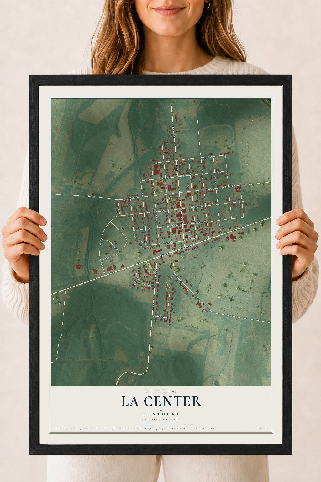 Map of La Center, Kentucky, 18 x 24 inch print in a black wood frame