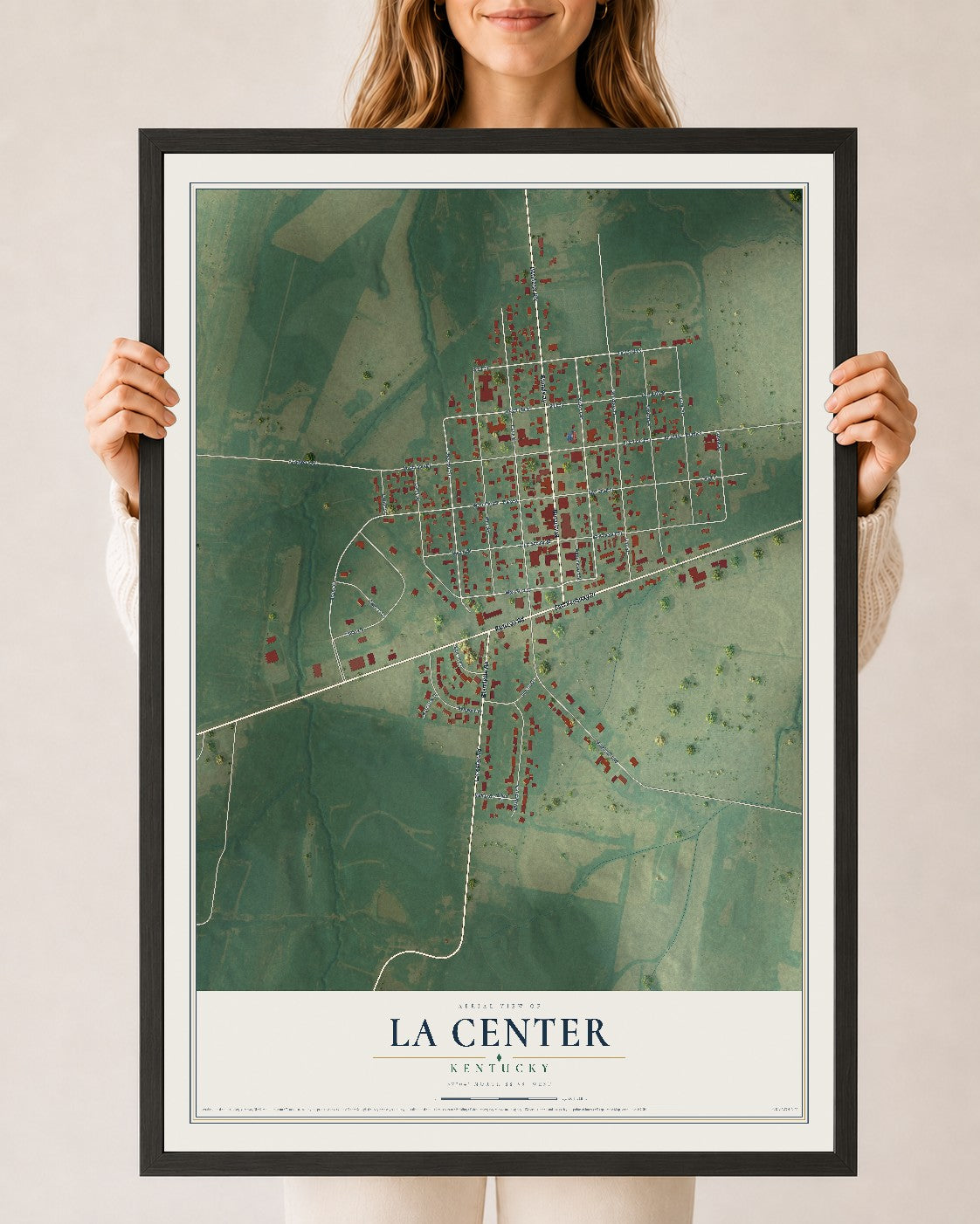Map of La Center, Kentucky, 24 x 36 inch print in a black wood frame