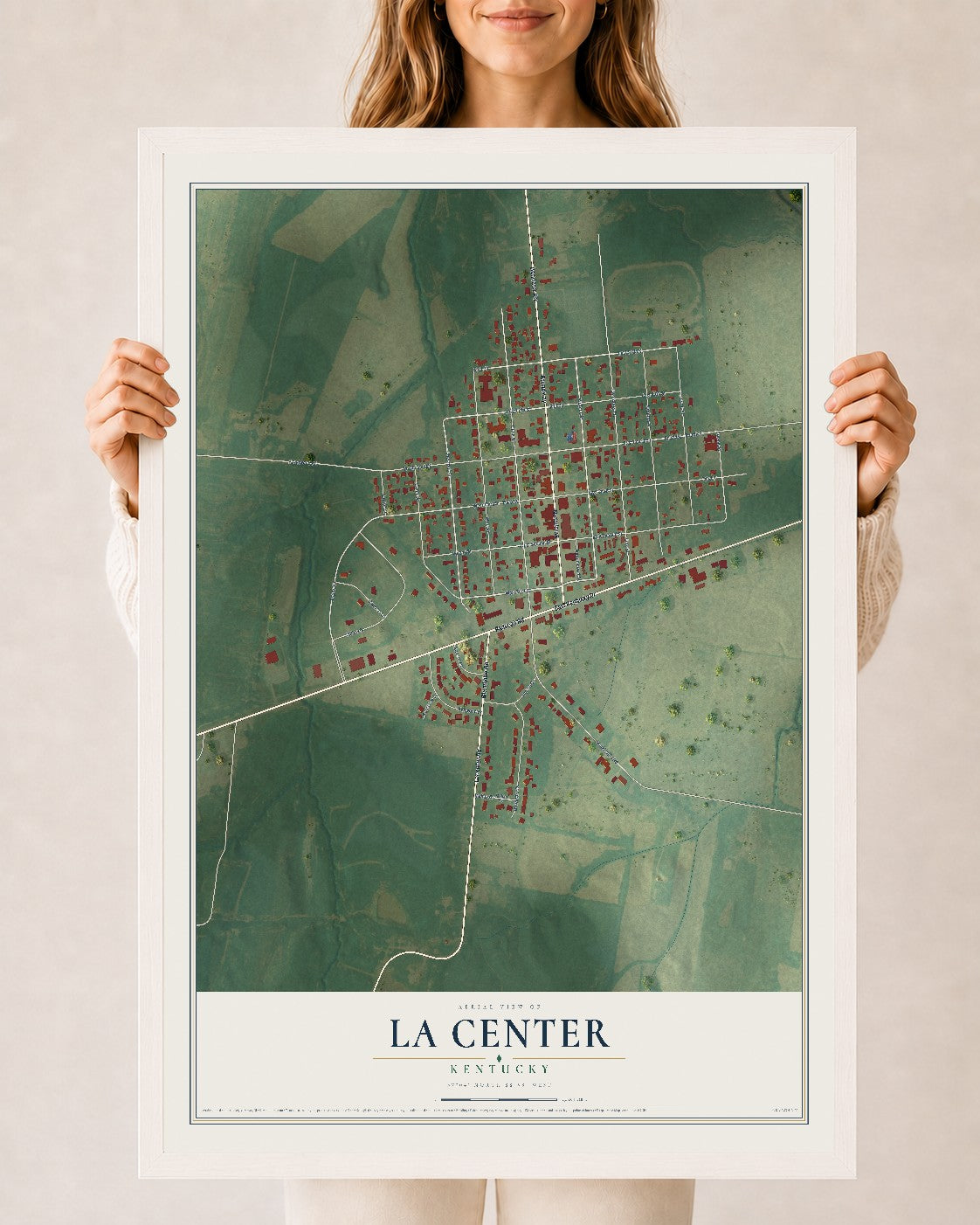 Map of La Center, Kentucky, 24 x 36 inch print in a white wood frame