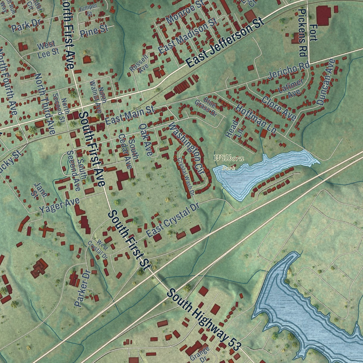 Close-up of the map of La Grange, Kentucky print showing street and building detail