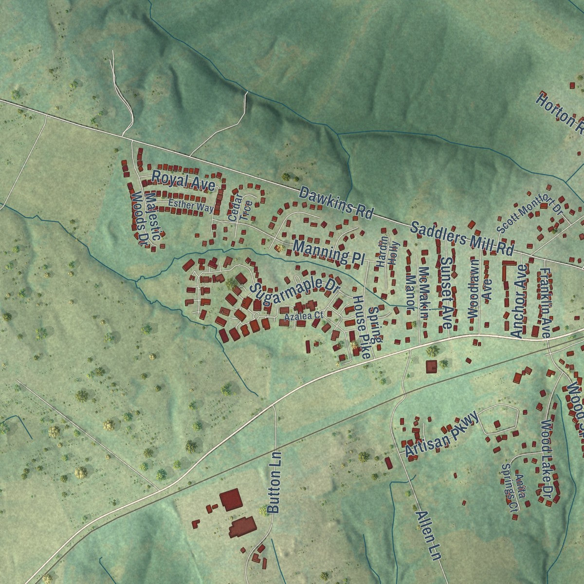 Second close-up of the map of La Grange, Kentucky print showing more streets and buildings