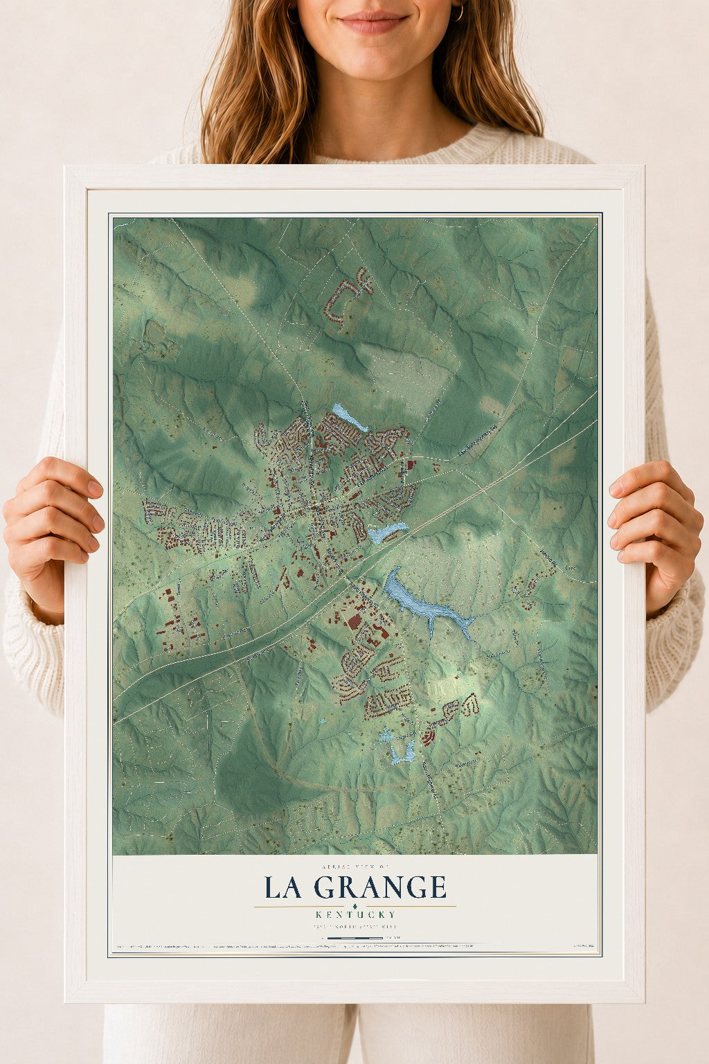 Map of La Grange, Kentucky, 18 x 24 inch print in a white wood frame