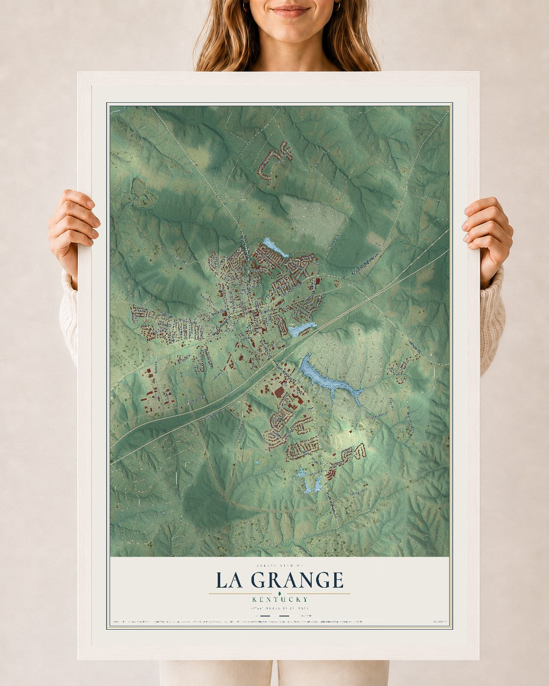 Map of La Grange, Kentucky, 24 x 36 inch print in a white wood frame