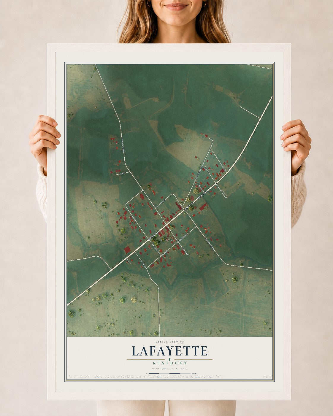 Map of LaFayette, Kentucky, 24 x 36 inch print in a white wood frame